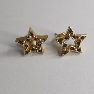 Avon Gold and Blue Star Earrings with Rhinestone Accents